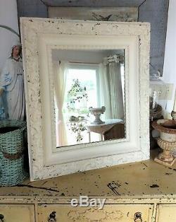 1800's LARGE Shabby Cream Wall MIRROROrnate Carved Wood Painted French GESSO