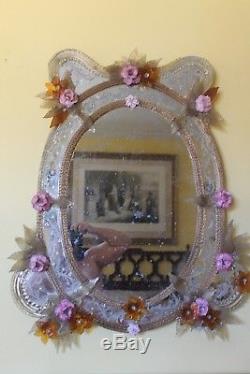 19thc LARGE ITALIAN REVERSE ETCHED EGLOMISE FLORAL DECOR VENETIAN WALL MIRROR
