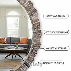 35 Round Wood Mirror, Rustic Wall Mirror with Thick Frame, Large Circle