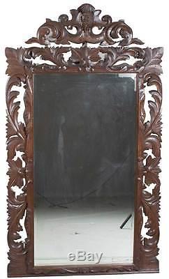 Antique Carved Oak Large Tall Wall Mirror Wood Frame Beveled Glass English