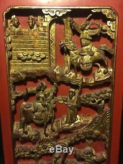 Antique Chinese Great Wall Wood Carved Raised Gilt Large Panels Mirroring Pair