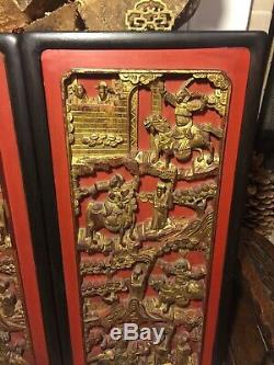 Antique Chinese Great Wall Wood Carved Raised Gilt Large Panels Mirroring Pair