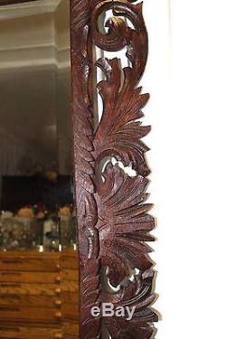 Antique French Carved Oak Large Rectangular Beveled Wall Mirror Framed