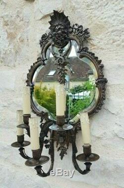 Antique French, Gorgeous Large Bronze Wall Sconce, Mirror, Regence, Louis XIV, 19th