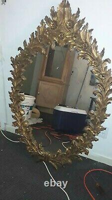 Antique GILDED Wood Carved Framed Oval Mirror Vintage Aged Large Wall Hanging