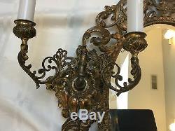 Antique Vintage French Brass Bronze Cherub Mirror Wall Sconce Girandole Large