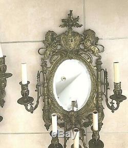 Antique Vintage French Brass Bronze Lions Crest Mirror Wall Sconce Girandole LG