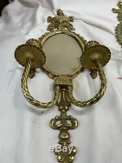 Antique Vintage French Style Brass Mirrored 2 Candle Wall Sconces Set Of 3 Large