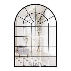 Arched Window Metal Mirror, Black Large Rustic Windowpane Wall Mirror for Dec