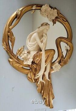 Art Deco / Nouveau Style Lady Sitting Wall Large Cream & Gold Cast Resin Mirror