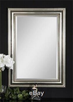 Beaded Silver Leaf Rectangular Beveled Wall Mirror Large 37 Bathroom Home Decor