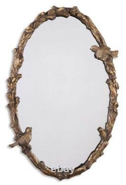 Bird on a Branch Gold Leaf Oval Wall Mirror Large 34 Songbirds French Country