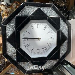 Black Octagonal Wall Clock Diamond Crush Sparkly Mirrored Large Bevelled VEN