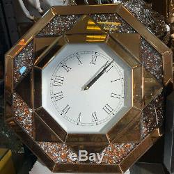 Brown Octagonal Wall Clock Diamond Crush Sparkly Mirrored Large Bevelled VEN