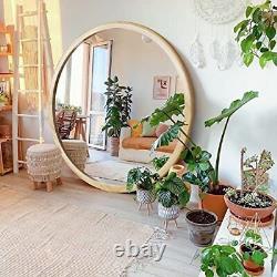 Circle Wooden Wall Mirror, 39inch Round Natural Wood Mirror Large Rustic Farmh