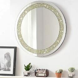 DeaTee Round Wall Mirror Decor with Crush Diamond 24x24x1.57 Inches Large Han