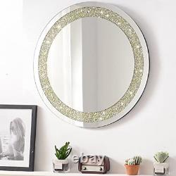 DeaTee Round Wall Mirror Decor with Crush Diamond, 24x24x1.57 Inches Large for