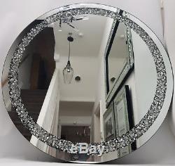 Diamond Crush Diamante Crystal Effect Large Silver Round Wall Mirror Bling