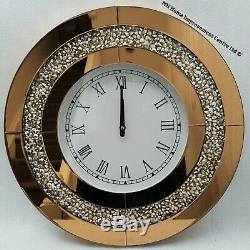 Diamond Crush Round Wall Clock Bronze Brown Mirrored Sparkly Large 50x50cm