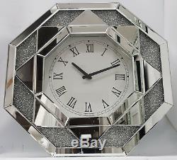 Diamond Crush Sparkly Silver Mirrored Large Octagonal Wall Clock