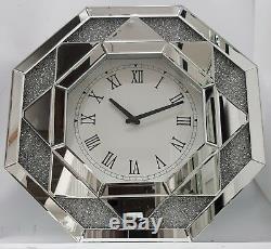 Diamond Crush Sparkly Silver Mirrored Large Octagonal Wall Clock