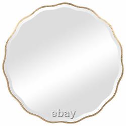 Elegant Large 42 in Round Ruffled Wall Mirror Gold Wood Frame Scalloped Edge