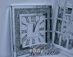 Ex Large square crushed jewel mirror wall clock roman diamante 60cm black hands