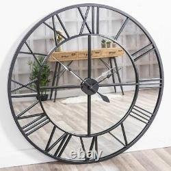 Extra Large Black Clock Mirrored Wall Mounted Metal Glass Hallway Kitchen 120cm