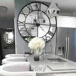 Extra Large Black Clock Wall Mounted Mirrored Metal Glass Hallway Kitchen 120cm