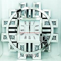Extra Large Sparkly Silver Diamond Crush Crystal Wall Clock Round Square 60x60cm