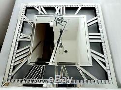 Extra Large Wall Clock Sparkly Silver Crystal Mirrored Roman Numerals 81x81cm