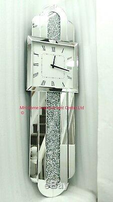 Extra Large Wall Clock Sparkly Silver Mirrored Diamond Crush Crystal Tall Long