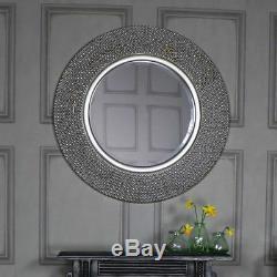 Extra large round antique silver beaded wall mirror vintage chic living room