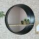 Extra large round black metal industrial wall mirror wood shelving display unit