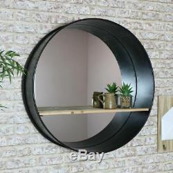 Extra large round black metal industrial wall mirror wood shelving display unit