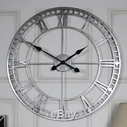 Extra large vintage silver retro wall mounted clock Roman numeral display gift