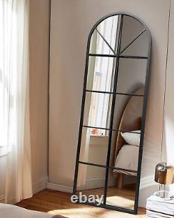 Floor Full Length Mirror, Black Arched-Top, Large Window Pane Mirror, Wall Mount