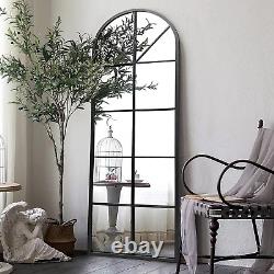 Floor Full Length Mirror, Black Arched-Top, Large Window Pane Mirror, Wall Mount