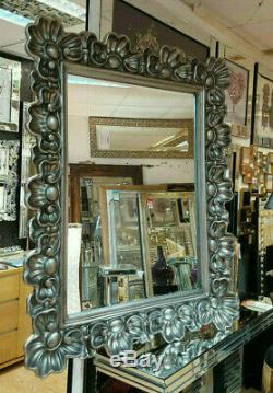 French Traditional Ornate Silver Large Wall Mirror Bevelled Floral 128x120cm