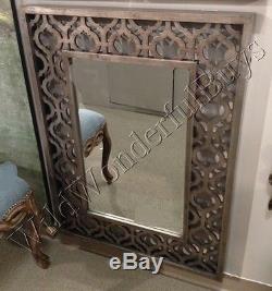 Fretwork Cut Metal Wall Mirror Antique Silver 40H Moroccan Geometric Large New