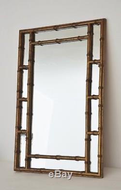 Gilt Faux Bamboo Hollywood Regency Large Wall Mirror-Mid Century Gold Bamboo
