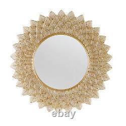 Gold Leaves Metal Decorative Wall Mirror, Large Round Living Room Iron Metal M