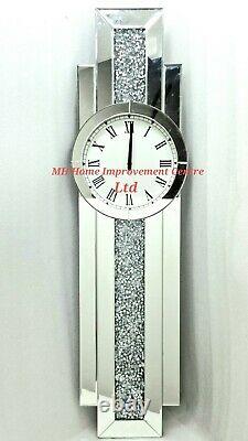 GrandFather Style Large WALL Clock Sparkly Diamond Crush Crystal Silver Mirrored