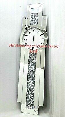 GrandFather Style Large WALL Clock Sparkly Diamond Crush Crystal Silver Mirrored