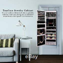 Jewelry Armoire Organizer Wall Mounted Lockable LED Cabinet with Mirror & 2 Drawer