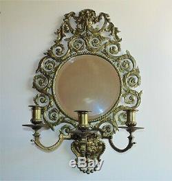 LARGE 19th c. Brass Mirror Wall Sconce Antique Victorian North Wind & Lion Head