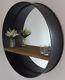 LARGE Industrial Round Metal Wall Mirror With Rustic Wooden Shelf NEW 80cm