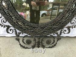 LARGE OVAL WALL MIRROR ORNATE DETAILED METAL FRAME Antiqued Glass Mirror