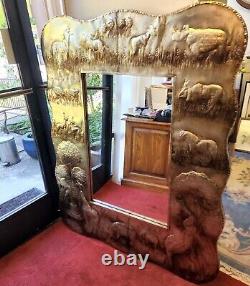 Large 1980s Embossed Tin Frame Wall Mirror African Animals Made in Mexico