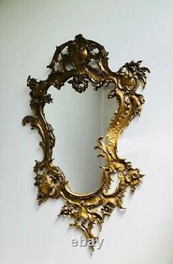 Large 29 French Antique Ornate Cast Brass Wall Mirror, Frame, Rococo Baroque